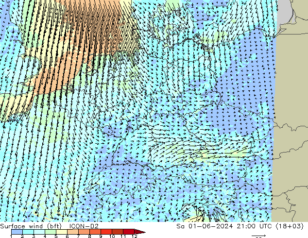 Wind 10 m (bft) ICON-D2 za 01.06.2024 21 UTC