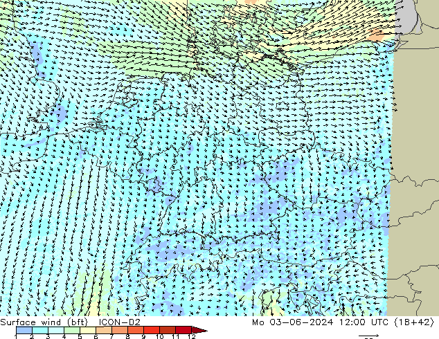 Surface wind (bft) ICON-D2 Mo 03.06.2024 12 UTC