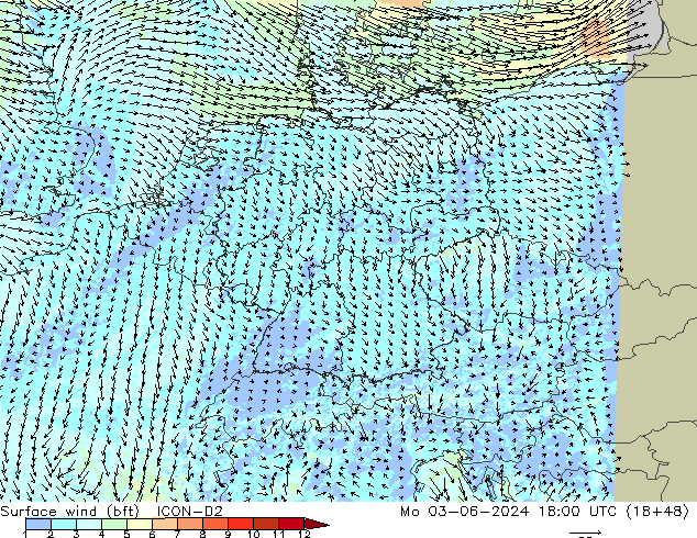 Surface wind (bft) ICON-D2 Mo 03.06.2024 18 UTC