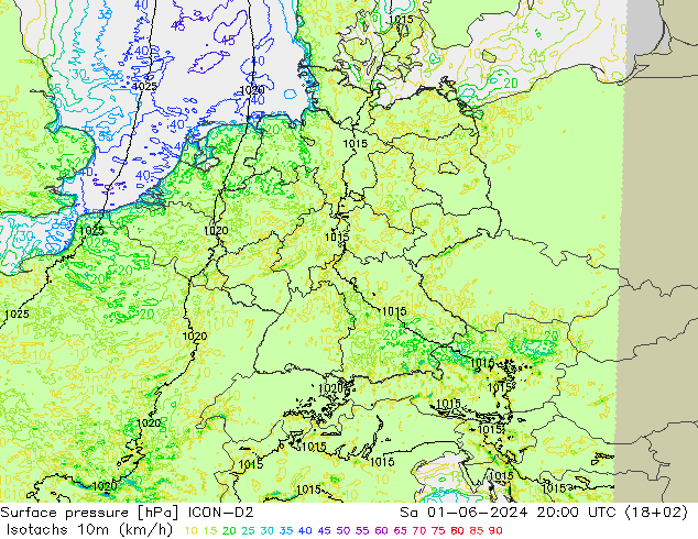 10米等风速线 (kph) ICON-D2 星期六 01.06.2024 20 UTC