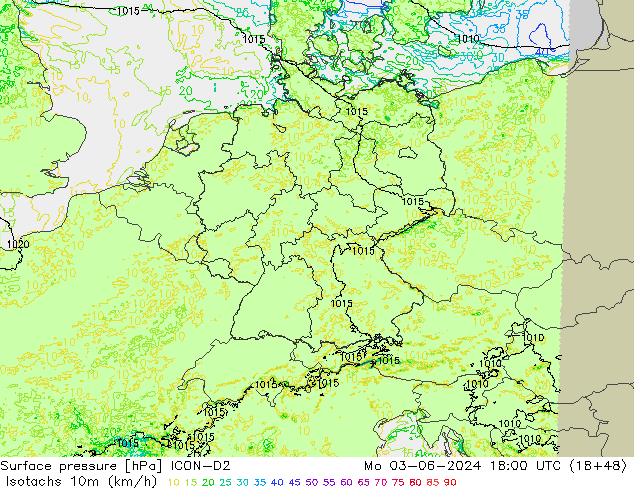 Isotaca (kph) ICON-D2 lun 03.06.2024 18 UTC