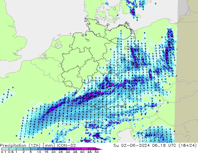 Precipitation (12h) ICON-D2 Su 02.06.2024 18 UTC