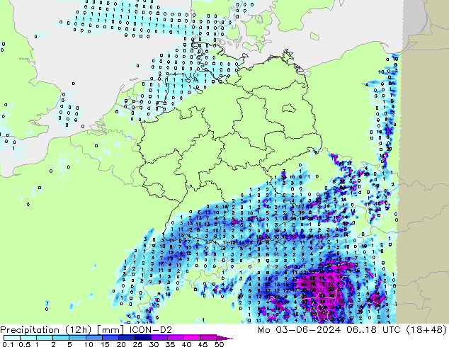 Precipitation (12h) ICON-D2 Mo 03.06.2024 18 UTC