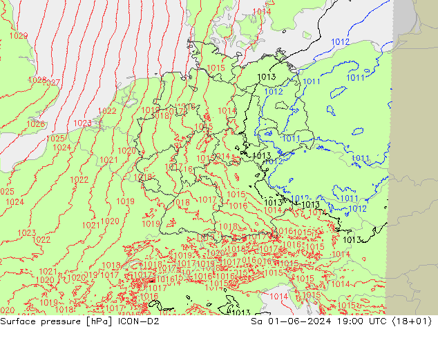 Atmosférický tlak ICON-D2 So 01.06.2024 19 UTC