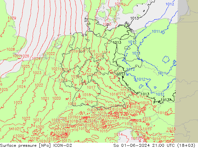 Atmosférický tlak ICON-D2 So 01.06.2024 21 UTC
