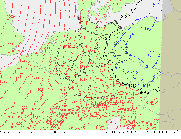 Surface pressure ICON-D2 Sa 01.06.2024 21 UTC