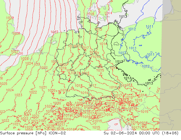 Pressione al suolo ICON-D2 dom 02.06.2024 00 UTC