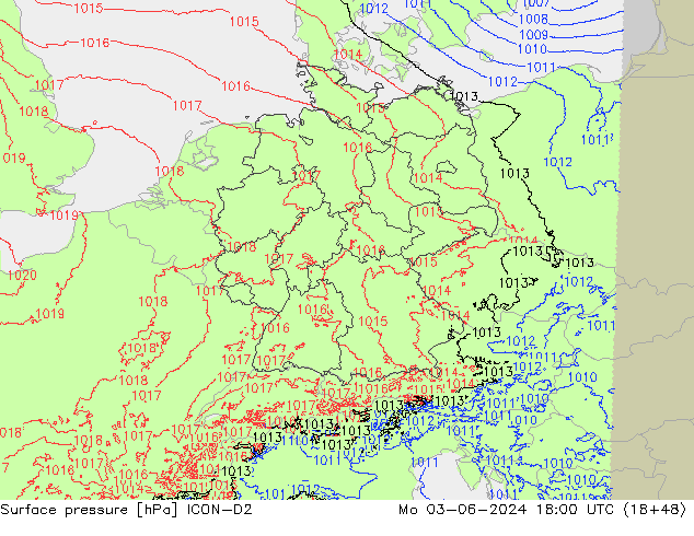 Atmosférický tlak ICON-D2 Po 03.06.2024 18 UTC