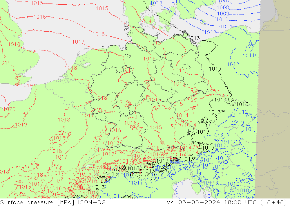 Surface pressure ICON-D2 Mo 03.06.2024 18 UTC