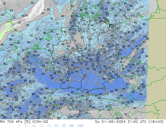 Humidité rel. 700 hPa ICON-D2 sam 01.06.2024 21 UTC