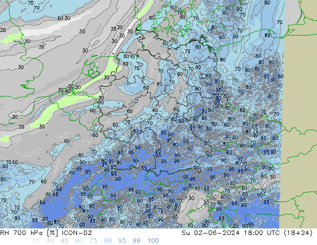 Humedad rel. 700hPa ICON-D2 dom 02.06.2024 18 UTC