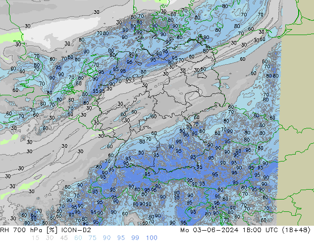 RH 700 hPa ICON-D2 lun 03.06.2024 18 UTC