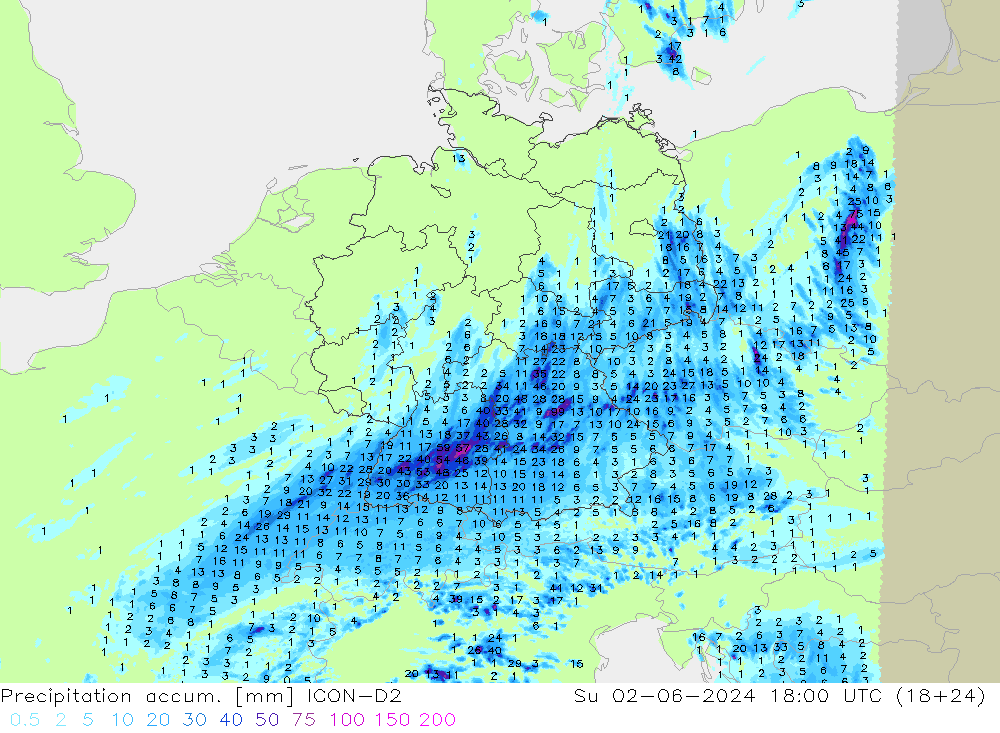 Precipitation accum. ICON-D2 星期日 02.06.2024 18 UTC