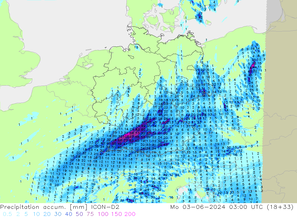 Precipitation accum. ICON-D2 Mo 03.06.2024 03 UTC