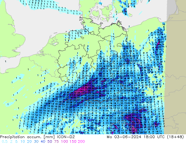 Precipitation accum. ICON-D2 Seg 03.06.2024 18 UTC