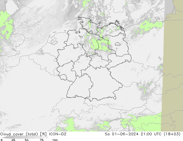 Nubes (total) ICON-D2 sáb 01.06.2024 21 UTC
