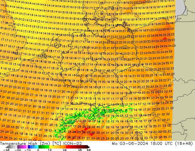 temperatura máx. (2m) ICON-D2 Seg 03.06.2024 18 UTC