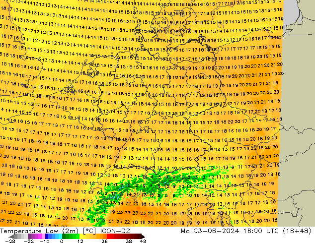 Nejnižší teplota (2m) ICON-D2 Po 03.06.2024 18 UTC
