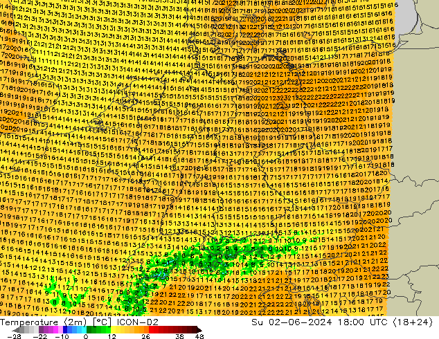 Temperature (2m) ICON-D2 Su 02.06.2024 18 UTC