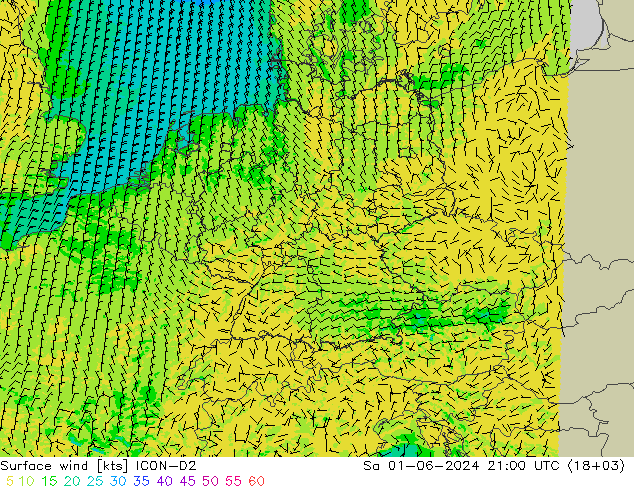 Surface wind ICON-D2 Sa 01.06.2024 21 UTC