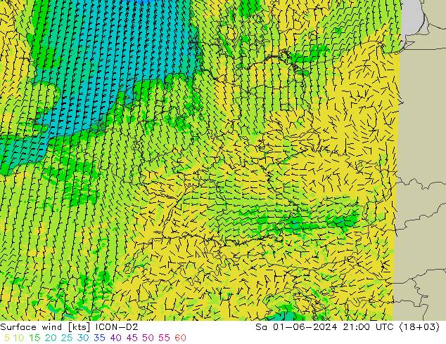 ветер 10 m ICON-D2 сб 01.06.2024 21 UTC