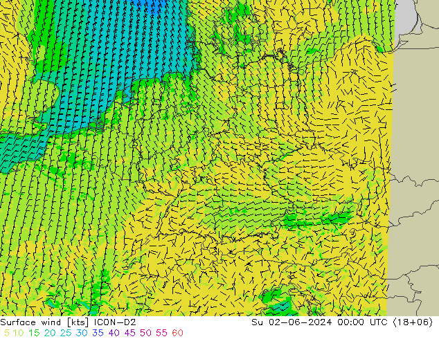 Wind 10 m ICON-D2 zo 02.06.2024 00 UTC