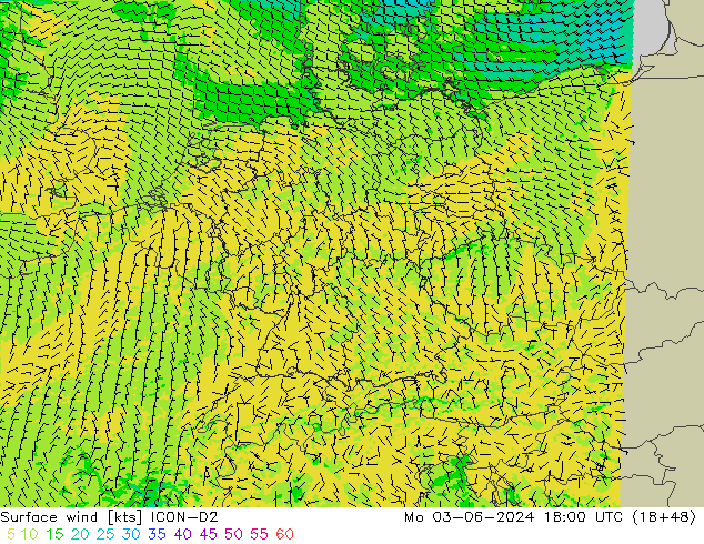 Viento 10 m ICON-D2 lun 03.06.2024 18 UTC