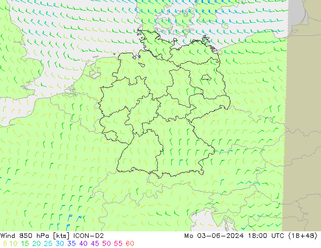 Rüzgar 850 hPa ICON-D2 Pzt 03.06.2024 18 UTC