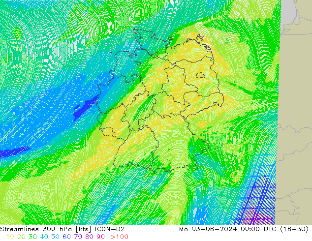 Rüzgar 300 hPa ICON-D2 Pzt 03.06.2024 00 UTC