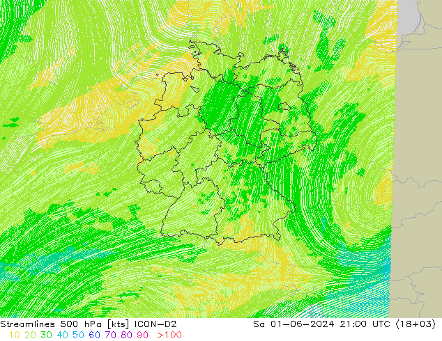 风 500 hPa ICON-D2 星期六 01.06.2024 21 UTC