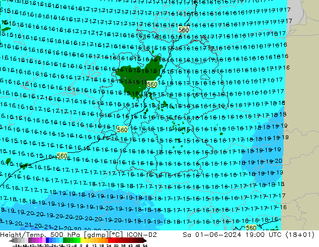 Hoogte/Temp. 500 hPa ICON-D2 za 01.06.2024 19 UTC