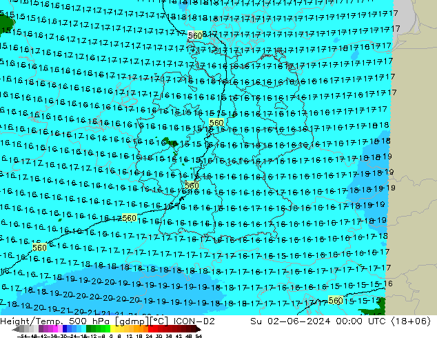 Height/Temp. 500 hPa ICON-D2 Su 02.06.2024 00 UTC