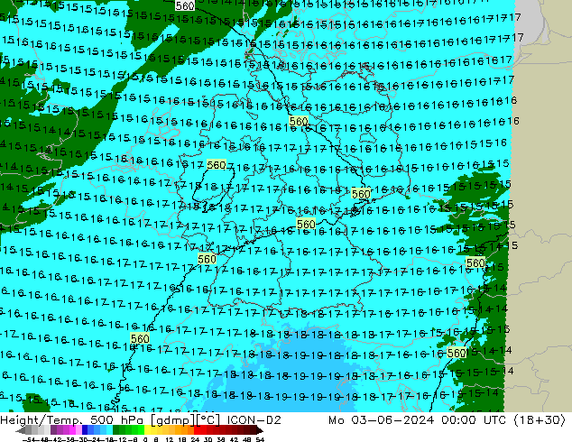 Height/Temp. 500 hPa ICON-D2 Seg 03.06.2024 00 UTC