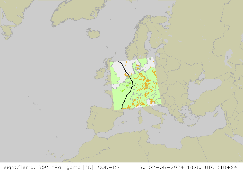 Height/Temp. 850 hPa ICON-D2 Dom 02.06.2024 18 UTC