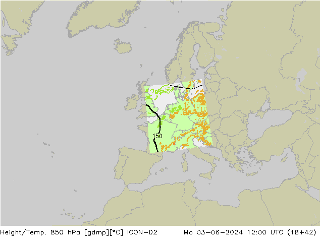 Yükseklik/Sıc. 850 hPa ICON-D2 Pzt 03.06.2024 12 UTC