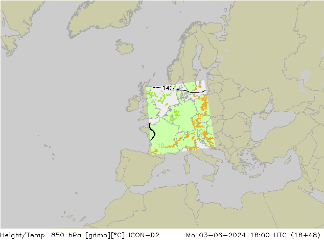 Height/Temp. 850 hPa ICON-D2 Mo 03.06.2024 18 UTC