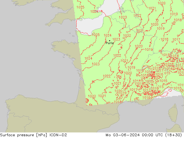 Pressione al suolo ICON-D2 lun 03.06.2024 00 UTC