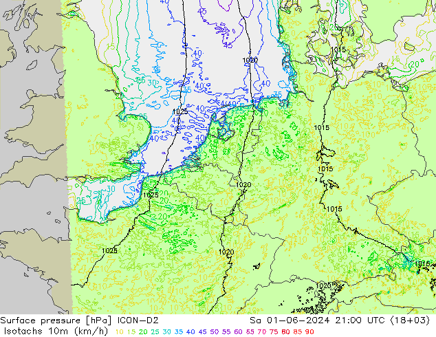 Isotachs (kph) ICON-D2 sam 01.06.2024 21 UTC