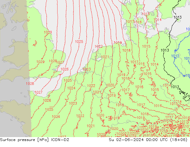 Surface pressure ICON-D2 Su 02.06.2024 00 UTC