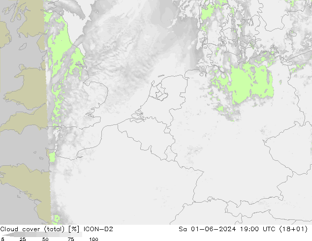 zachmurzenie (suma) ICON-D2 so. 01.06.2024 19 UTC