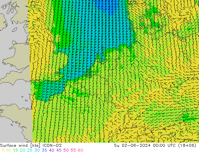 ветер 10 m ICON-D2 Вс 02.06.2024 00 UTC