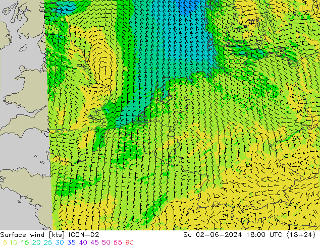 wiatr 10 m ICON-D2 nie. 02.06.2024 18 UTC