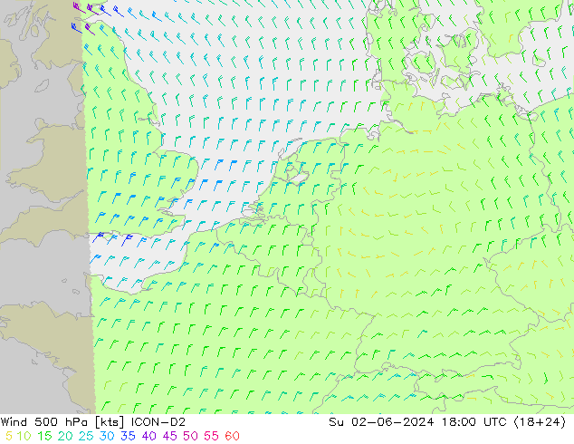 Rüzgar 500 hPa ICON-D2 Paz 02.06.2024 18 UTC