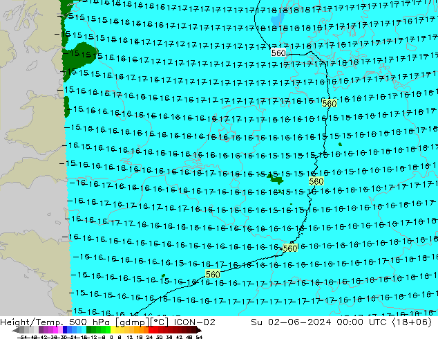 Height/Temp. 500 hPa ICON-D2 Dom 02.06.2024 00 UTC