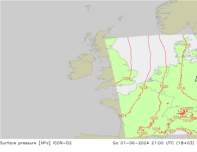 Atmosférický tlak ICON-D2 So 01.06.2024 21 UTC