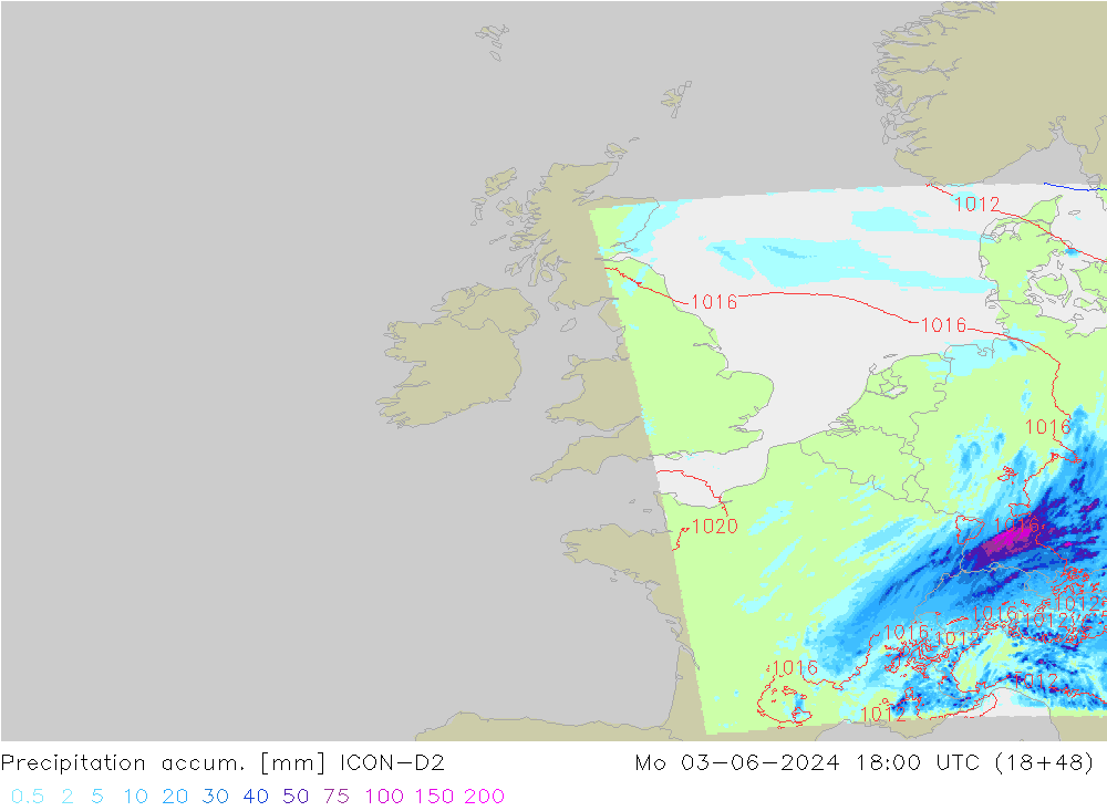 Precipitation accum. ICON-D2  03.06.2024 18 UTC