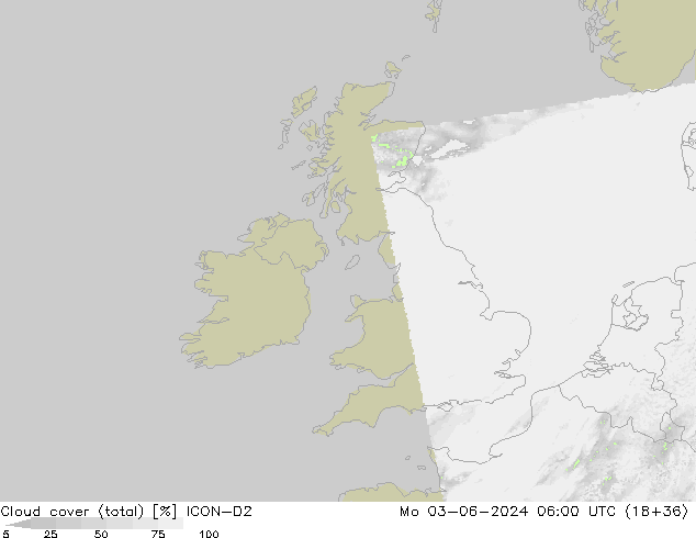 Cloud cover (total) ICON-D2 Mo 03.06.2024 06 UTC