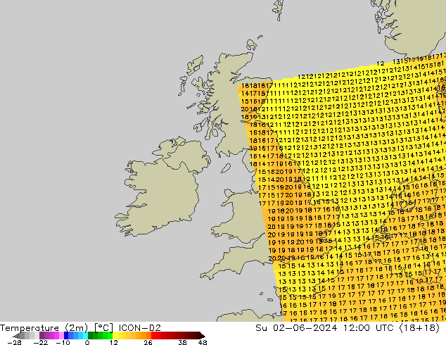 mapa temperatury (2m) ICON-D2 nie. 02.06.2024 12 UTC