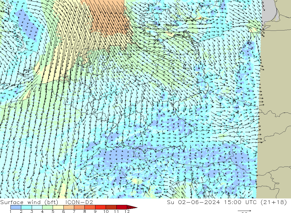 Surface wind (bft) ICON-D2 Su 02.06.2024 15 UTC