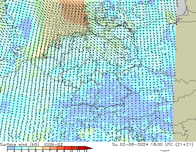 Surface wind (bft) ICON-D2 Su 02.06.2024 18 UTC